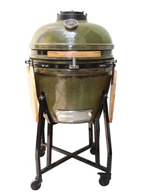 Churrasqueira de cerâmica Kamado 23 polegadas carvão tropical verde cor 59 cm com carrinho e mesas laterais