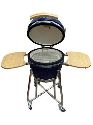 Churrasqueira de cerâmica Kamado de 18 polegadas cor azul 48 cm com carrinho e mesas laterais
