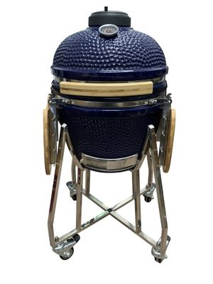Churrasqueira de cerâmica Kamado de 18 polegadas cor azul 48 cm com carrinho e mesas laterais
