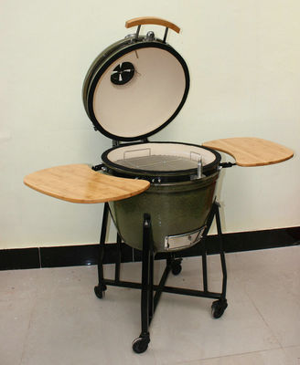 Churrasqueira de cerâmica Kamado 23 polegadas carvão tropical verde cor 59 cm com carrinho e mesas laterais