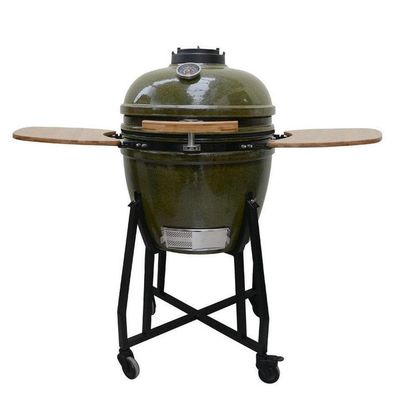Churrasqueira de cerâmica Kamado 23 polegadas carvão tropical verde cor 59 cm com carrinho e mesas laterais
