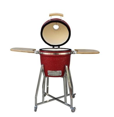 Kamado 15 polegadas carvão cerâmica fumante cor vermelha 39 cm com carrinho e mesas laterais