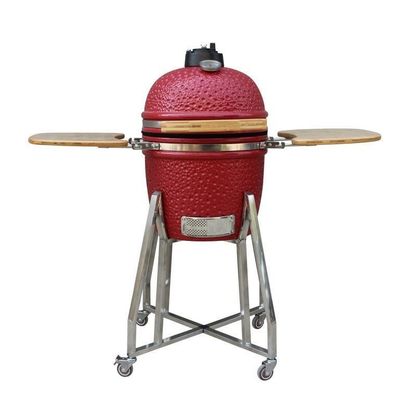 Churrasqueira Kamado de aço inoxidável de cerâmica de 15 polegadas cor vermelha 39 cm com carrinho e mesas laterais