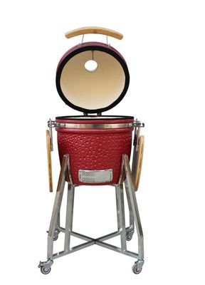 Churrasqueira Kamado de aço inoxidável de cerâmica de 15 polegadas cor vermelha 39 cm com carrinho e mesas laterais