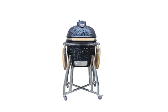 Churrasqueira de cerâmica estilo Kamado 15 cor preta brilhante externa 39 cm com carrinho e mesas laterais