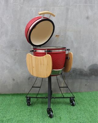Chaleira de cerâmica de 17 polegadas para churrasco Cor vermelha real 44 cm com carrinho e mesas laterais