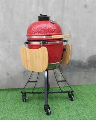 Chaleira de cerâmica de 17 polegadas para churrasco Cor vermelha real 44 cm com carrinho e mesas laterais