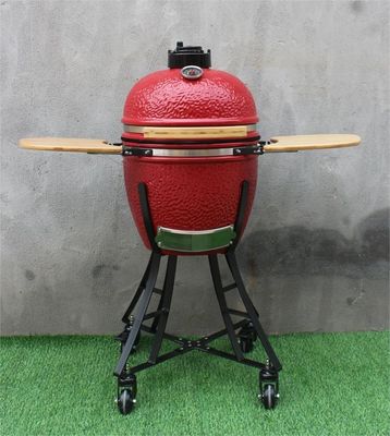 Churrasqueira Kamado de cerâmica vermelha real 44 cm 17 polegadas com carrinho e mesas laterais